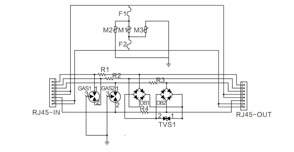 WB-RJ45/POE型以太網(wǎng)供電防雷器原理圖